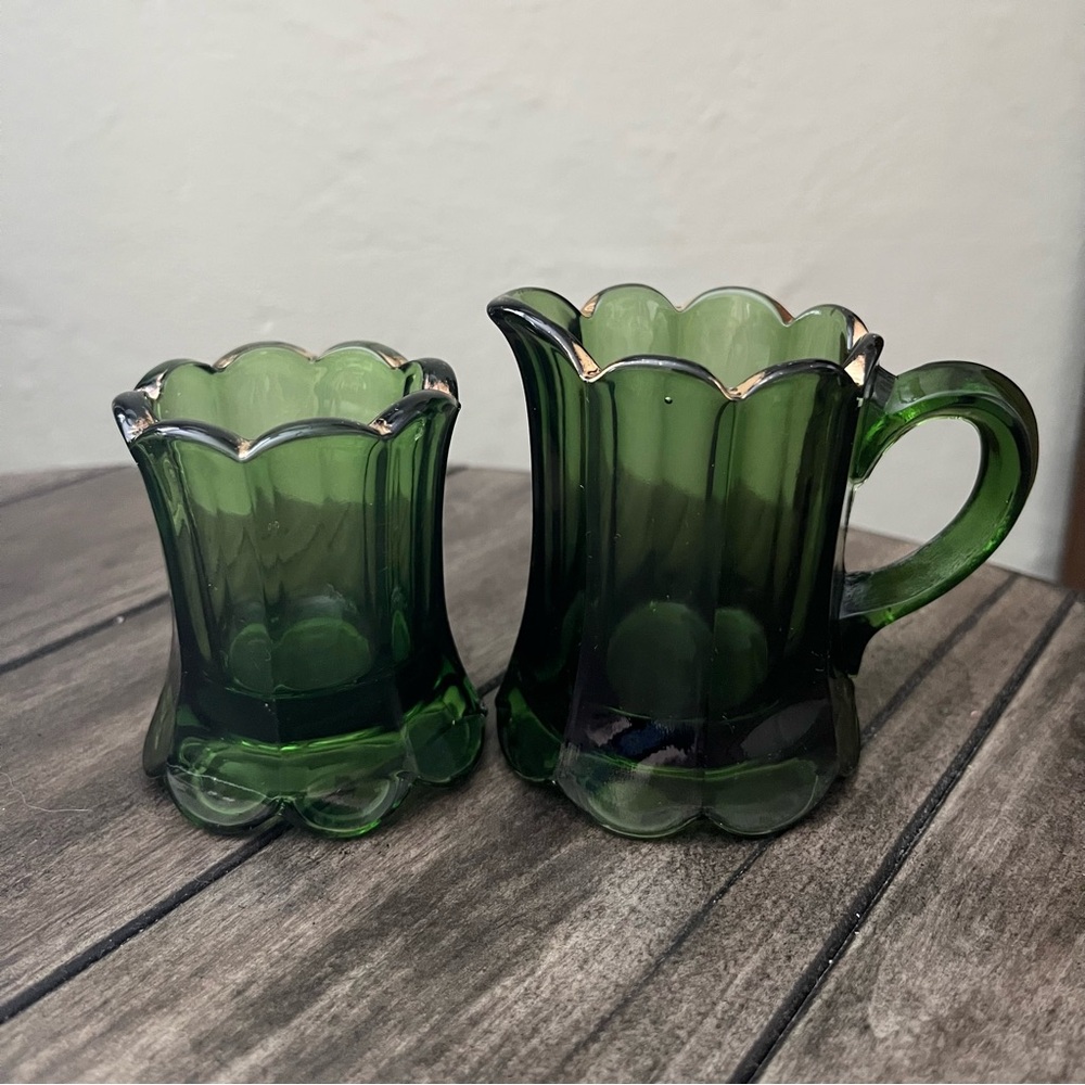 EAPG Green Glass Scalloped Edge Gold Trim Toothpick Holder + Mini Creamer